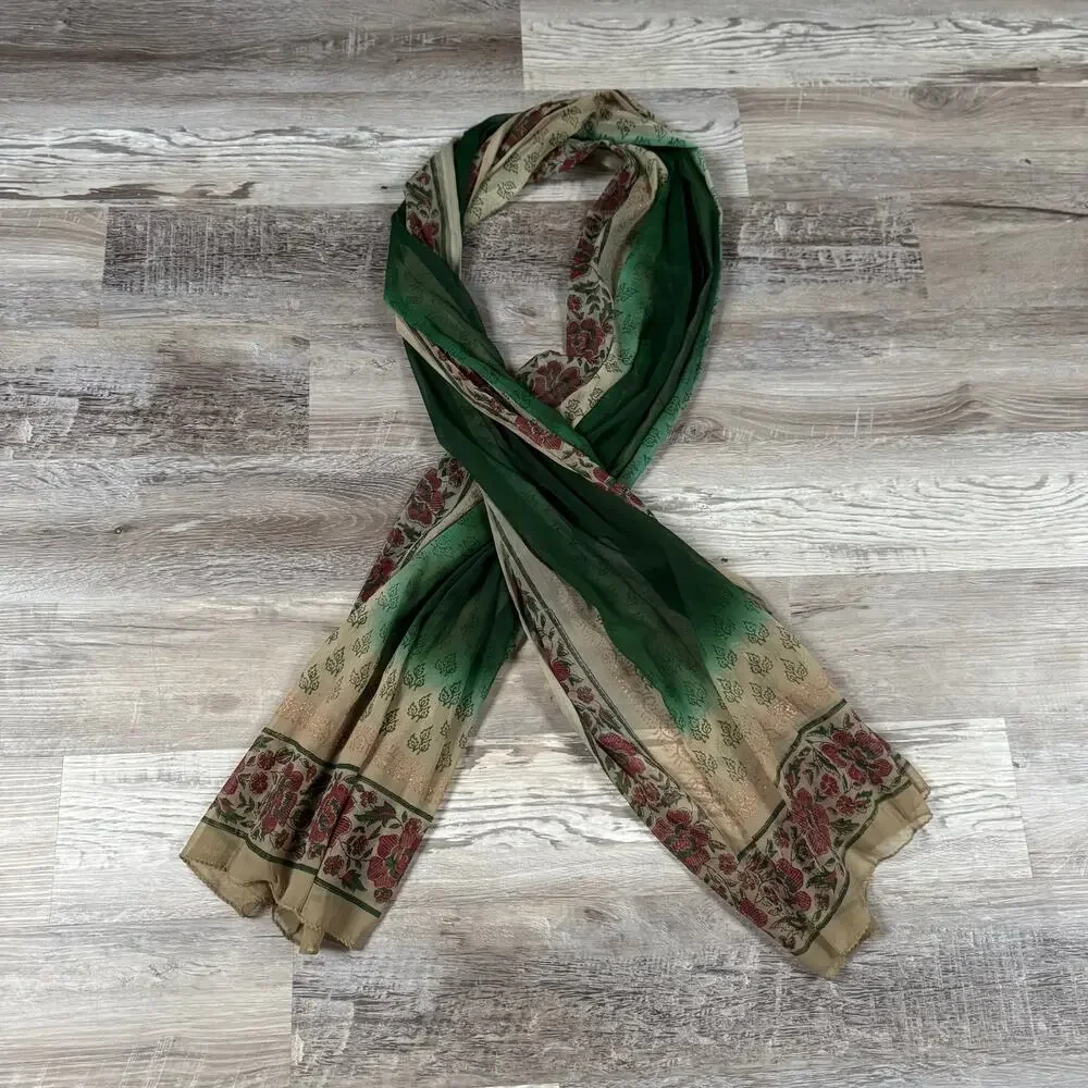 Vintage 70s Indian Floral Block Print Scarf Green Boho Sheer Wrap